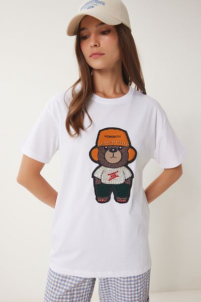 Happiness İstanbul Women's White Bead Detailed Teddy Bear Embroidered Knitted T-Shirt We00002
