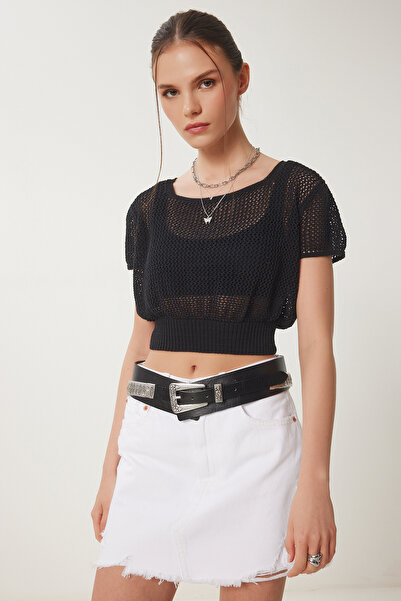 Happiness İstanbul Γυναικεία Μαύρη Ανοιχτή Καλοκαιρινή Πλεκτή Μπλούζα ZA00076