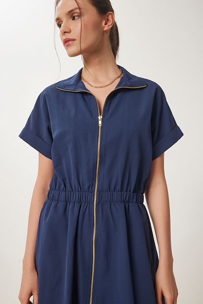 Happiness İstanbul Women's Navy Blue Zippered Midi Poplin Dress Ub00375