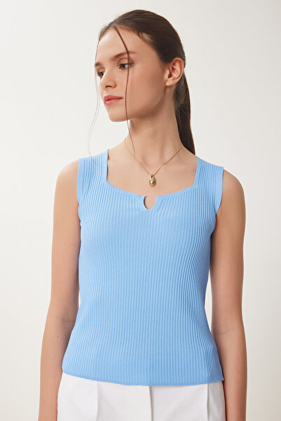 Happiness İstanbul Kadın Mavi Kolsuz Yazlık Triko Bluz MT00157
