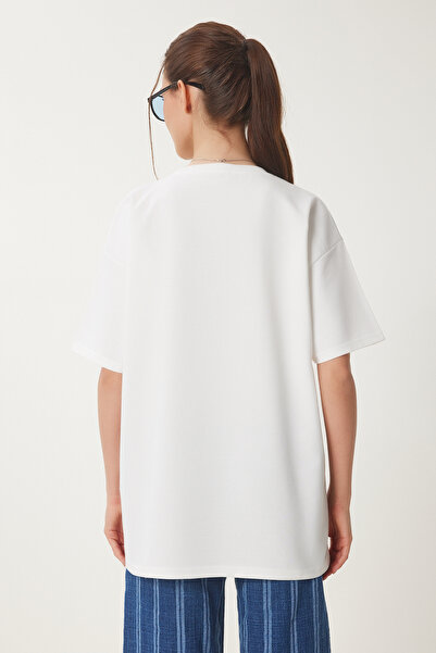 Happiness İstanbul Dámské pletené tričko Ecru Oversize s potiskem ZV00280