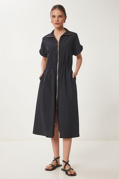 Happiness İstanbul Women's Black Zippered Midi Poplin Dress Ub00375