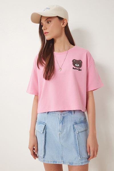 Happiness İstanbul Rosa Teddybär besticktes Crop-Strick-T-Shirt für Damen ZV00298