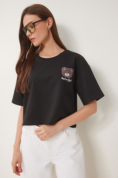 Happiness İstanbul Women's Black Teddy Bear Embroidered Crop Knitted T-Shirt Zv00298