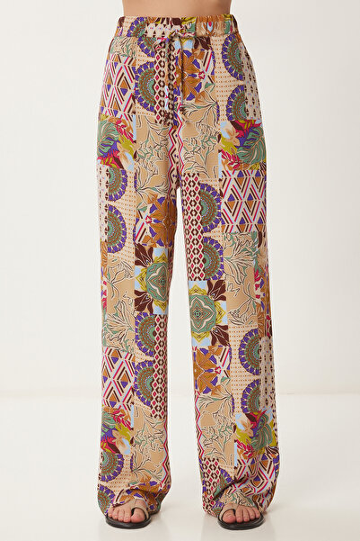 Happiness İstanbul Women's Cream Pink Patterned Summer Wide Leg Pants Cr00489