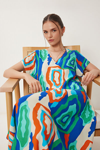 Happiness İstanbul Rochie midi de vară cu model albastru verde pentru femei EN00636