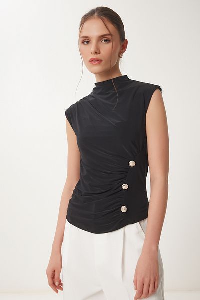 Happiness İstanbul Women's Black Drape Detailed Buttoned Sandy Blouse Rx00057