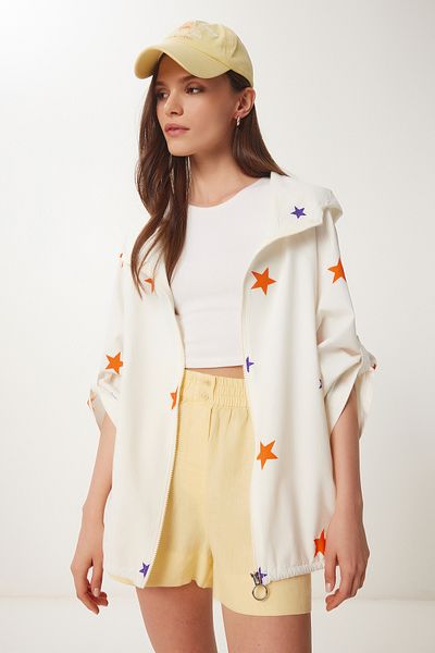 Happiness İstanbul Creme-orange gemusterte Damen-Leinenjacke mit Kapuze SA00036