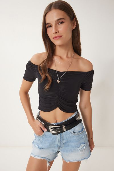 Happiness İstanbul Women's Black Gather Detailed Crop Sandy Blouse Li̇00117