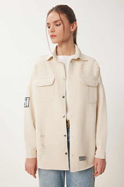Happiness İstanbul Γυναικείο Κρεμ Σκισμένο Λεπτομερές Πουκάμισο Gabardine SA00035