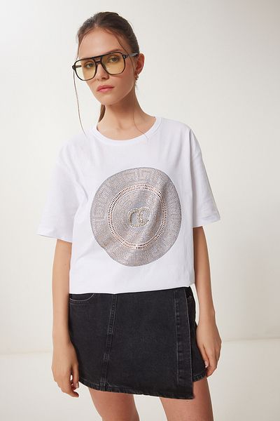 Happiness İstanbul Women's White Stylish Stone Knitted T-Shirt Bw00005