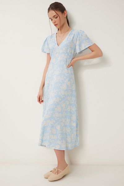 Happiness İstanbul Women Sky Blue Bone Floral Pattern Summer Viscose Dress Ub00382