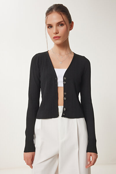 Happiness İstanbul Dámský černý stylový letní pletený svetr na knoflíky ZA00075