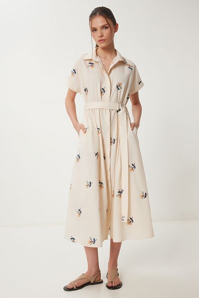 Happiness İstanbul Rochie cămașă de vară cu broderie florală crem NT00438