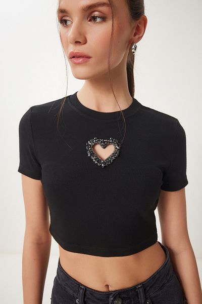 Happiness İstanbul Women's Black Stylish Stone Heart Detailed Crop Knitted Blouse Kh00101