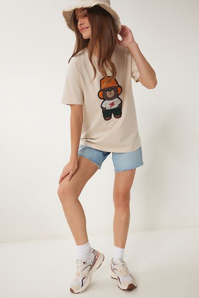 Happiness İstanbul Cremefarbenes, mit Perlen verziertes, gestricktes T-Shirt mit Teddybär-Stickerei für Damen WE00002