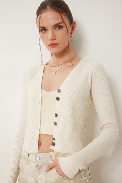 Happiness İstanbul Women's Cream Stylish Buttoned Summer Knitwear Cardigan Za00075