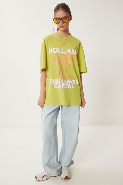 Happiness İstanbul Damen-T-Shirt mit übergroßem, bedrucktem, ölgrünem Strickmuster JH00054