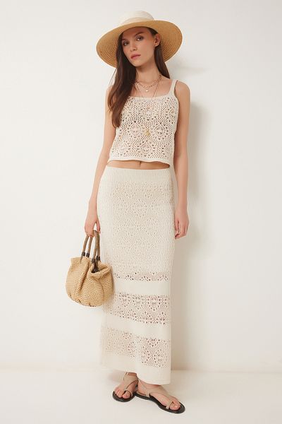 Happiness İstanbul Women's Cream Openwork Summer Knitwear Crop Skirt Set Nf00085