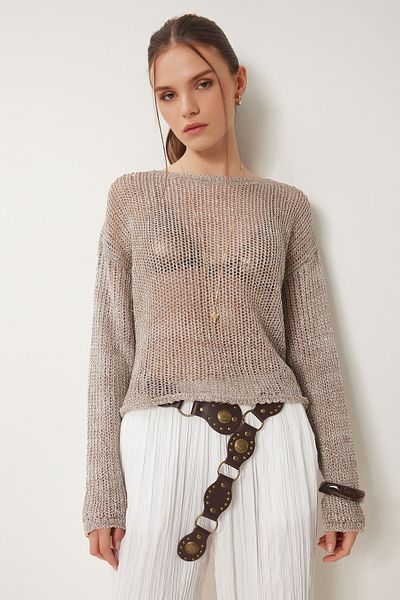 Happiness İstanbul Nerzfarbener, schmaler Strickpullover mit U-Boot-Ausschnitt und Pailletten für Damen Kİ00117
