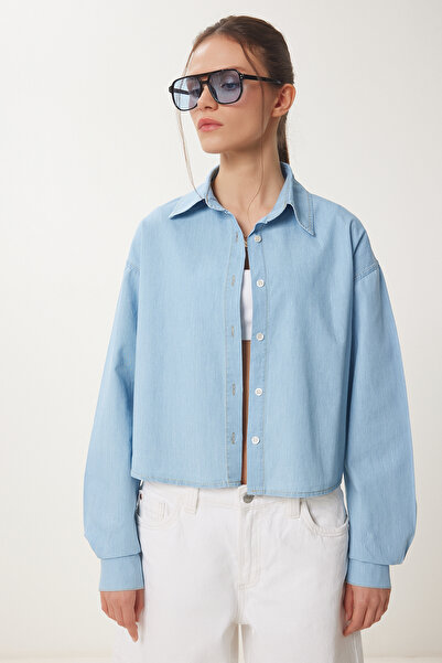 Happiness İstanbul Kadın Mavi Tensel Crop Dokuma Gömlek KQ00010