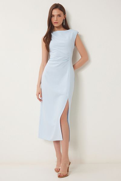 Happiness İstanbul Himmelblaues, wattiertes, drapiertes Midi-Webkleid für Damen WF00101