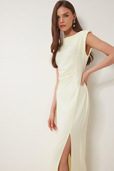 Happiness İstanbul Kadın Sarı Vatkalı Drapeli Midi Dokuma Elbise WF00101