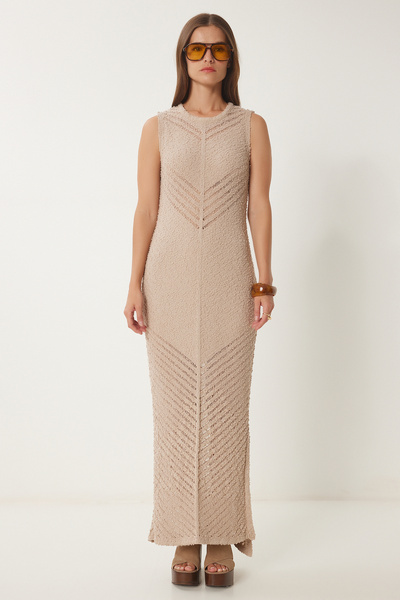 Happiness İstanbul Γυναικείο Μπεζ ανοιχτό καλοκαιρινό πλεκτό φόρεμα Kİ00114