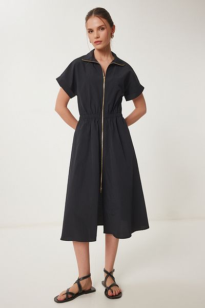 Happiness İstanbul Women's Black Zippered Midi Poplin Dress Ub00375