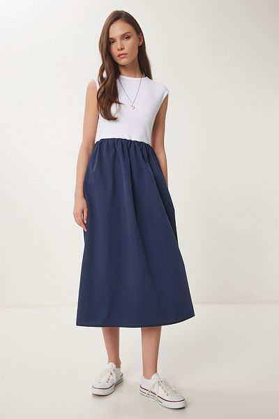 Happiness İstanbul Women's Navy Blue White Knitted Top Summer Poplin A-Line Dress Ub00289