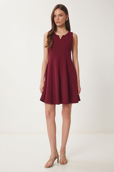 Happiness İstanbul Burgunderrotes Mini-Strickkleid mit Volant für Damen ZV00296