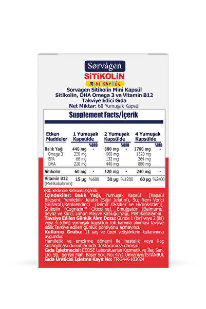 Sorvagen Mini Kapsül Sitikolin, Dha Omega 3 Ve B12 - 60 Kapsül