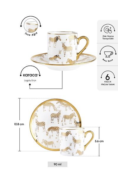 Karaca Zebra Coffee Cup Set for 6 People Gold 90 ml