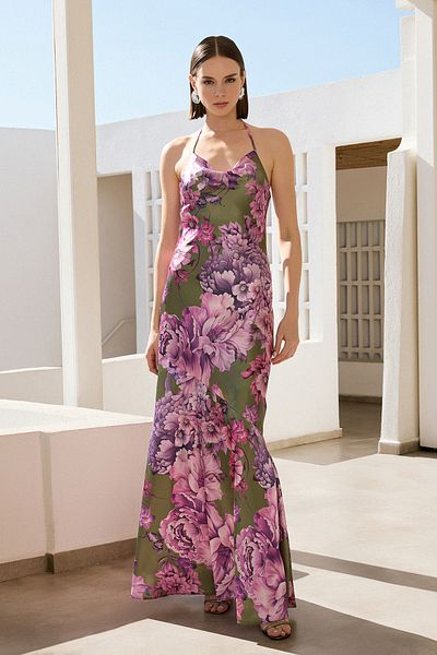 Trendyol Collection Multicolor Degaje Neckline Satin Woven Long Stylish Evening Dress Tprss25Ae00017