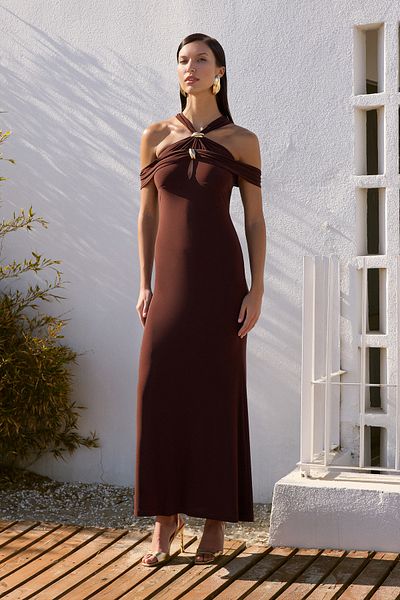 Trendyol Collection Hnědé bodysitting doplněk Detailní pletené dlouhé stylové večerní šaty Tprss25Ae00015