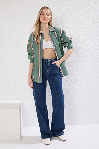 Trendyol Collection Khaki Striped Cotton Oversize Wide Fit Shirt Twoss25Go00112