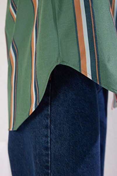 Trendyol Collection Khaki Striped Cotton Oversize Wide Fit Shirt Twoss25Go00112