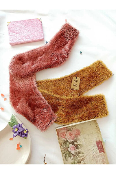 ENEFENDİ 2 Pairs Fleecey Winter Thermal Booties Seamless Socks Men Women Home-Party Socks Dried Rose Yellow 36-41.