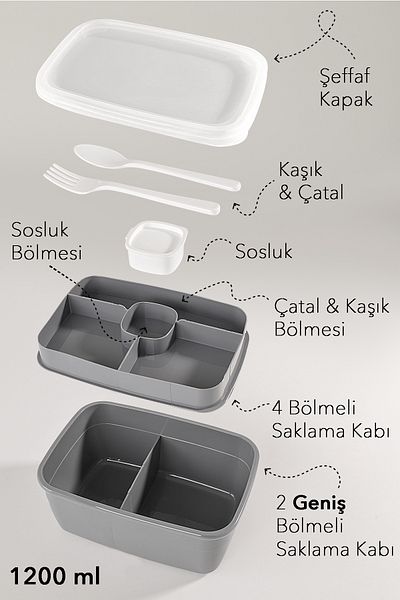 Meleni Home 2 Layer Divided Lunch Box - Food Transport Storage Box Diet Lunch Box Sauce Bowl Spoon Fork Gray