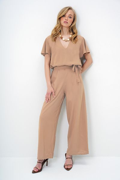 Trend Alaçatı Stili Women's Beige V-Neck Flared Sleeves Self Belted Woven Summer Jumpsuit Alc-X13787