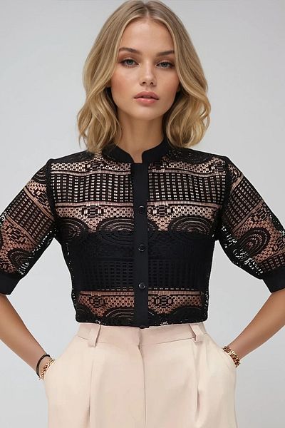 Trend Alaçatı Stili Women's Dark Black Judge Collar Woven Cuffed Openwork Short Sleeve Guipure Shirt Alc-X13550
