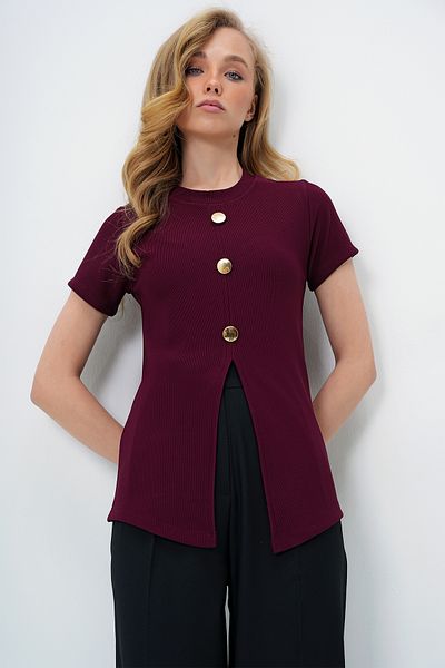 Trend Alaçatı Stili Burgunderrote Damen-Bluse mit Rundhalsausschnitt und goldenem Knopf, detailliertem Schlitz und Ottoban-Bluse ALC-X14169