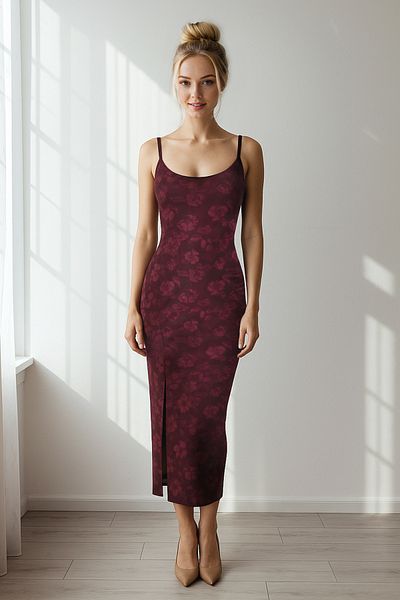 Trendyol Collection Rochie tricotată elastică, abstractă, burgundă, midi, montată/se potrivită pe corp TWOSS25EL00242