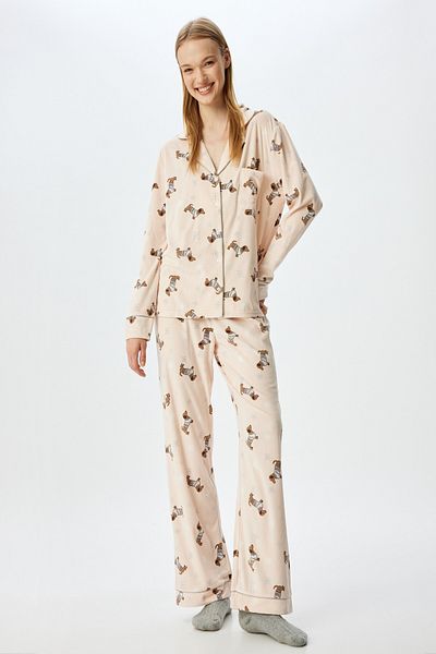 Koton Pyjama-Oberteil aus Fleece mit Hemdkragen und Knopftaschen und Hundemuster