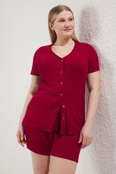Trendyol Curve Piros V-nyakú gombos kötött pizsama szett TBBSS25AI00108