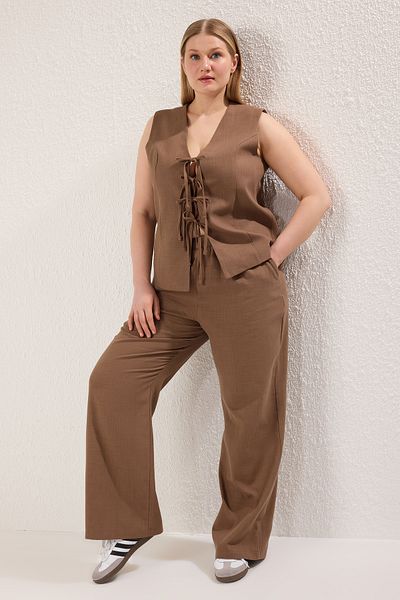 Trendyol Curve Brown Wide Leg Linen Look Front Drawstring Bottom Top Set Tbbss25Cp00026