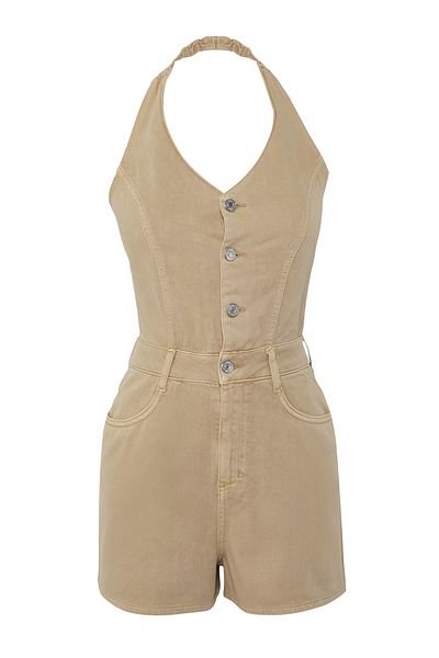 Trendyol Collection Beigefarbener Mini-Jeansoverall mit Rückendetail TWOSS25TU00064