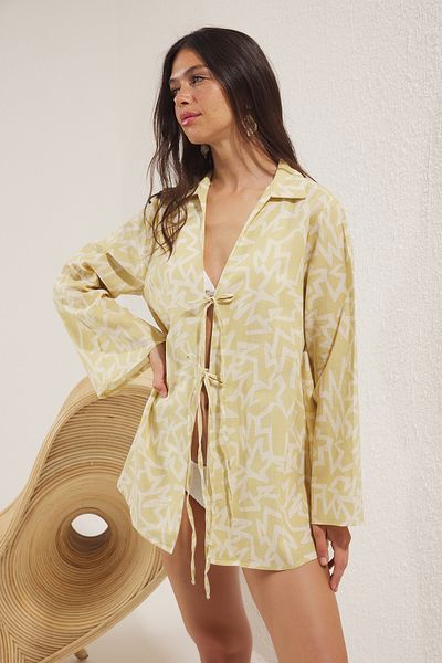Trendyol Collection Geometric Patterned Woven Lacing Detailed 100% Cotton Beach Shirt Tbess25Go00024