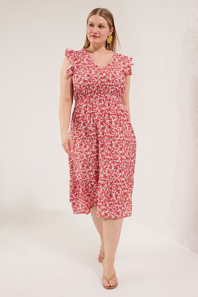 Trendyol Curve Rosa Midi-Blumenkleid ohne Ärmel in Übergröße TBBSS25AH00213