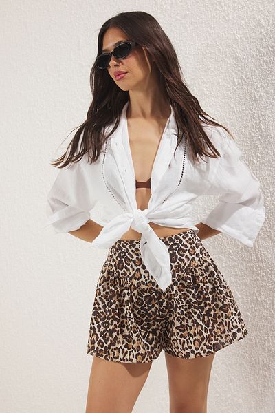 Trendyol Collection Plážové šortky s leopardím vzorem Flared Cotton Flounces TBESS25SR00011